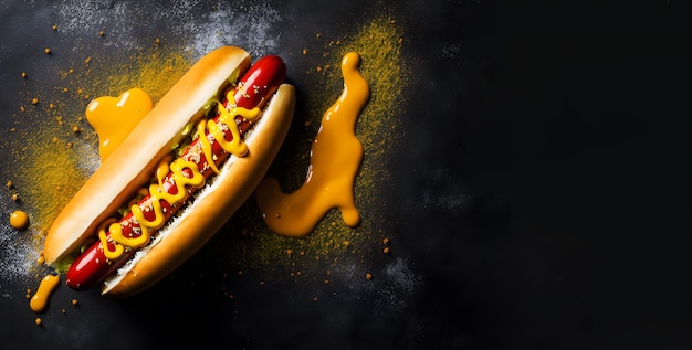 Bovenaanzicht van een zwarte achtergrond met hotdog copyspace ai generatieve illustratie