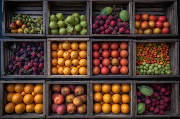Bovenaanzicht van fruit in rechthoekige houten kooien in markt landelijke achtergrond generatieve AI