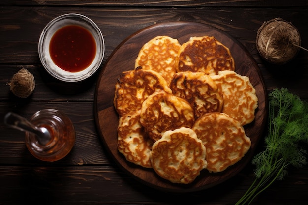 Bovenaanzicht van gebakken pannenkoeken op een vintage houten tafel