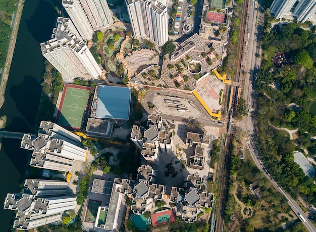 Bovenaanzicht van gebouw in de stad Hong Kong