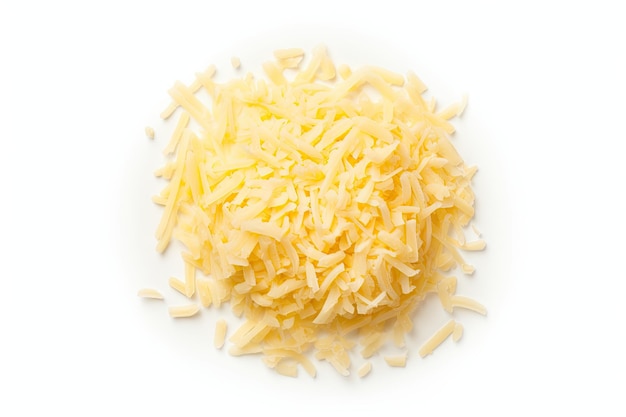 Bovenaanzicht van geïsoleerde witte achtergrond met geraspte kaas