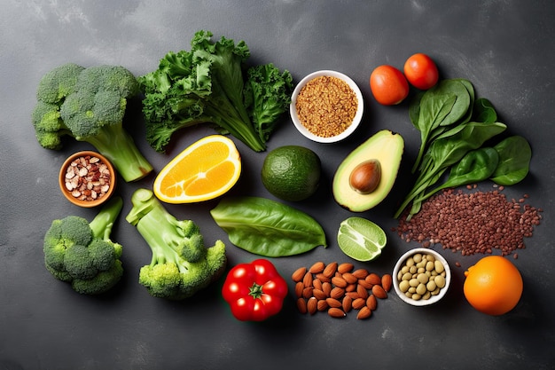 Bovenaanzicht van gezonde voeding schoon eten fruit groente zaden superfood granen op grijze achtergrond