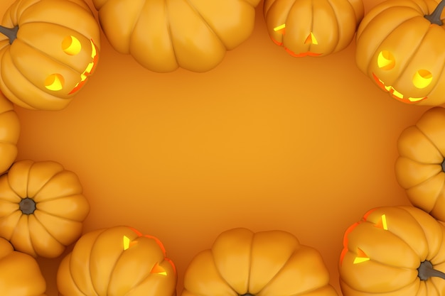 Bovenaanzicht van Halloween-pompoenen op oranje achtergrond. 3D-rendering.