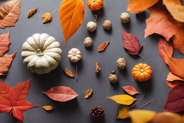 Bovenaanzicht van herfst pompoenen en gedroogde bladeren oogst plat lag stijl achtergrond Thanksgiving thema 3d render ontwerp