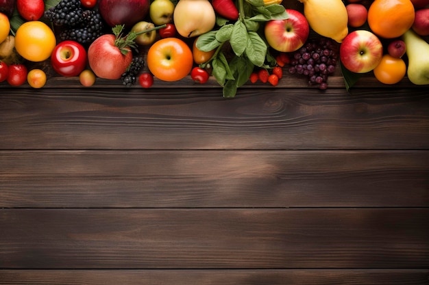 bovenaanzicht van houten tafel vol met groenten en fruit samenstelling achtergrond en kopieer ruimte