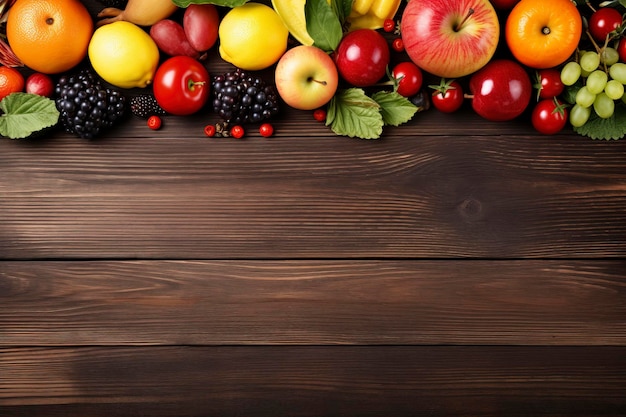 bovenaanzicht van houten tafel vol met groenten en fruit samenstelling achtergrond en kopieer ruimte