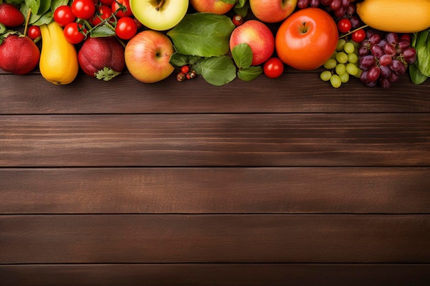 bovenaanzicht van houten tafel vol met groenten en fruit samenstelling achtergrond en kopieer ruimte