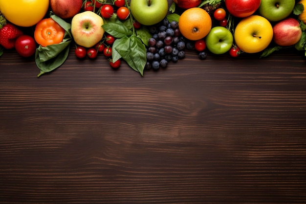 bovenaanzicht van houten tafel vol met groenten en fruit samenstelling achtergrond en kopieer ruimte