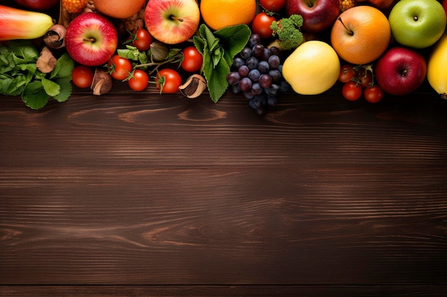 bovenaanzicht van houten tafel vol met groenten en fruit samenstelling achtergrond en kopieer ruimte
