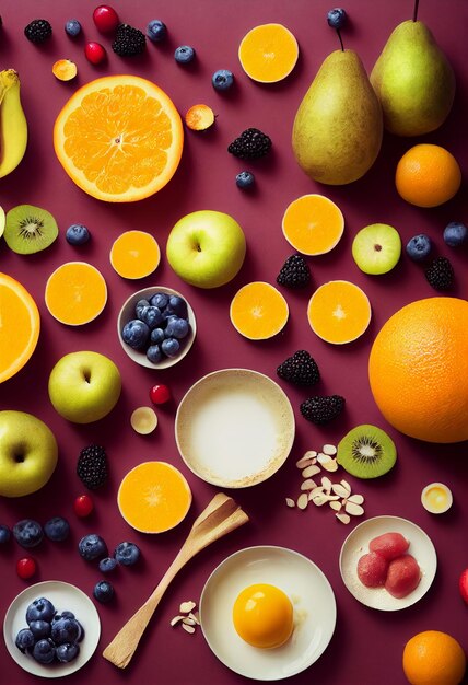 Bovenaanzicht van illustaion mix gezondheidsvoeding bessen en fruit