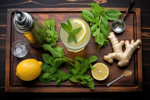 Bovenaanzicht van ingrediënten voor limonade op een bord