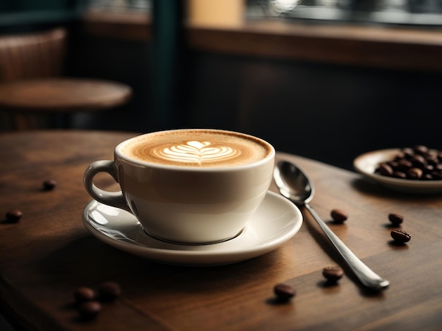 bovenaanzicht van kopje cappuccino in de buurt van koffiebonen en lepel op tafel in café