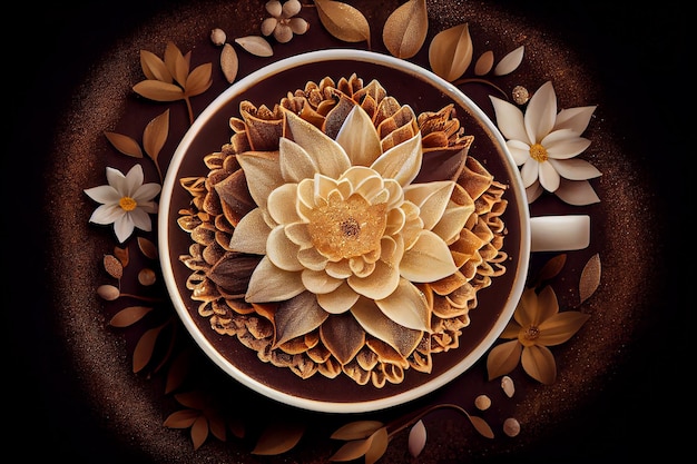 Bovenaanzicht van kopje latte met en bloemsierkunst binnen AI gegenereerd