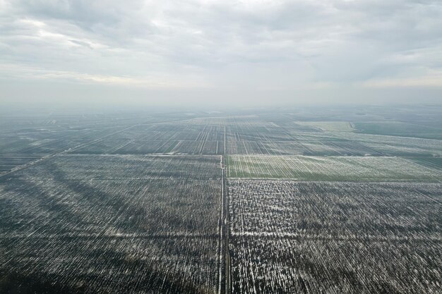 Bovenaanzicht van landbouwvelden bedekt met sneeuw.