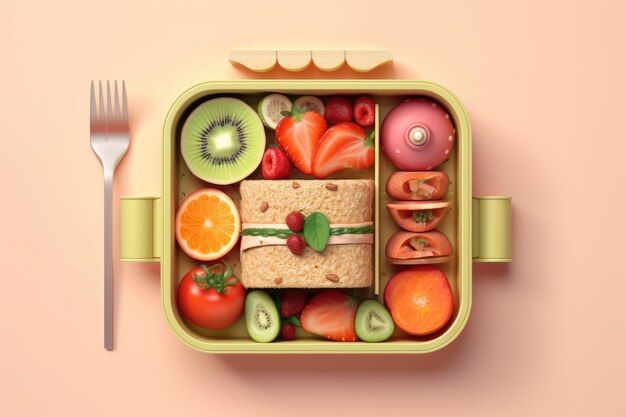 Bovenaanzicht van lunchbox met generatieve AI voor eten en fruit