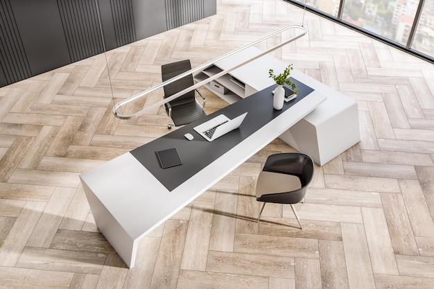 Bovenaanzicht van modern houten design kantoorinterieur met reflecties