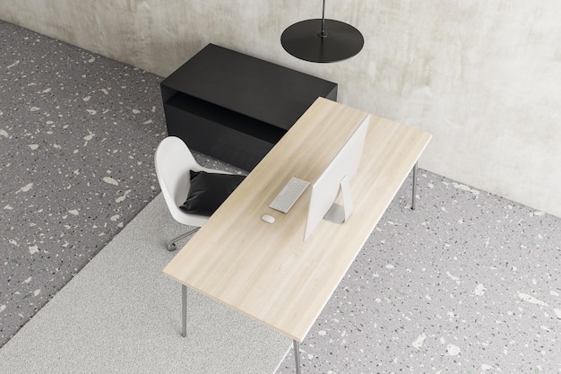 Bovenaanzicht van modern minimalistisch betonnen kantoorinterieur met tapijtmeubels op de werkplek en computerapparaat Stijl en ontwerpconcept 3D-rendering
