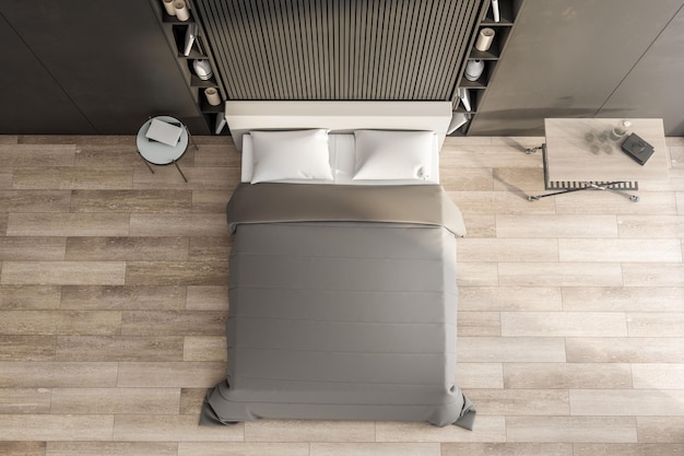 Bovenaanzicht van modern slaapkamerinterieur met meubelplanken Ontwerp en stijlconcept 3D-rendering