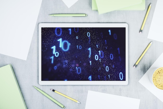 Bovenaanzicht van moderne digitale tabletmonitor met creatieve abstracte binaire code hologram Database en programmeerconcept 3D Rendering