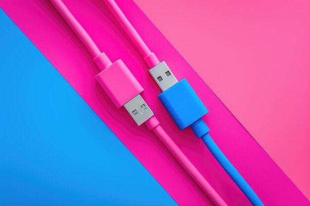Bovenaanzicht van neon roze en blauw gekleurde USB-kabels op kleurrijke kartonnen achtergrond