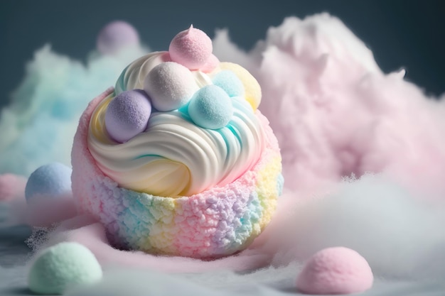 Bovenaanzicht van pastelkleurige marshmallow op een katoenen achtergrond AI-generatie