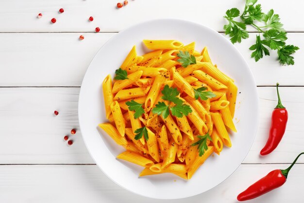 Bovenaanzicht van penne pasta met pompoen chili en peterselie op witte houten achtergrond