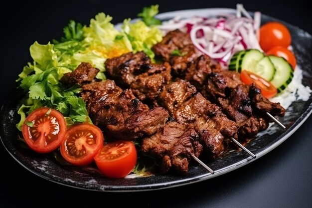 Bovenaanzicht van plaat met heerlijke kebab en tomaten