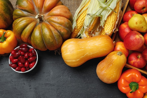 Bovenaanzicht van plantaardige samenstelling met pompoenen en appels op zwarte achtergrond