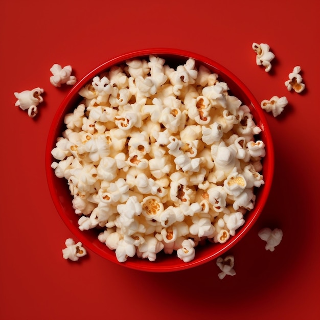 Bovenaanzicht van Popcorn Bowl op rode achtergrond Generatieve AI