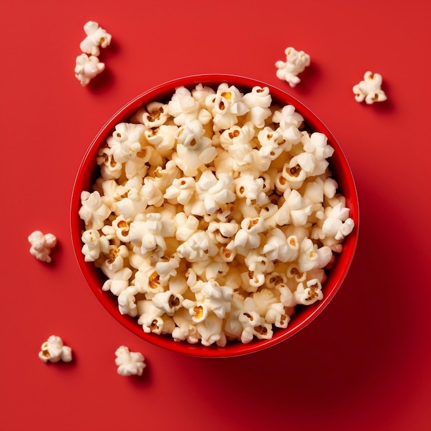 Bovenaanzicht van Popcorn Bowl op rode achtergrond Generatieve AI