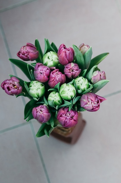 Bovenaanzicht van prachtige tulp bloemen in vaas op de vloer