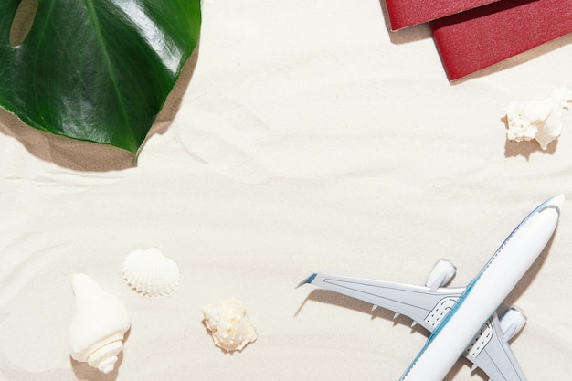 Foto bovenaanzicht van reizigersachtergrond op tropische zandschelpen en vliegtuig