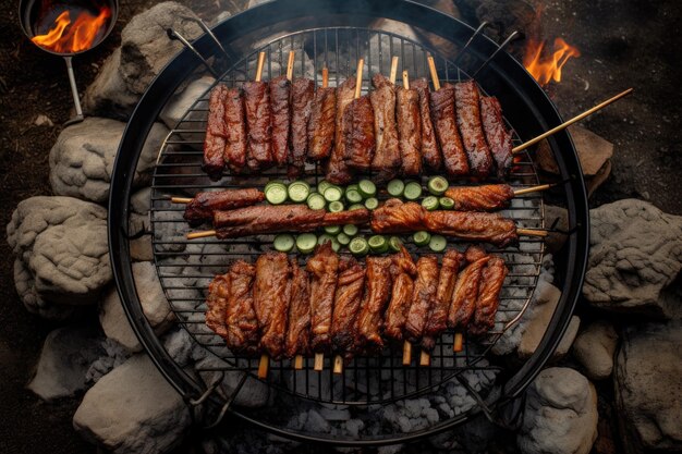 Bovenaanzicht van ribben die grillen op een kampvuur gemaakt met generatieve AI