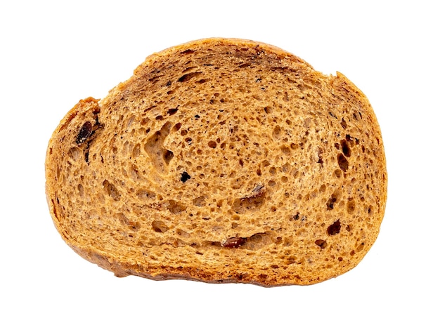 Bovenaanzicht van sneetje meergranen bruin brood geïsoleerd op witte achtergrond uitknippad bovenaanzicht