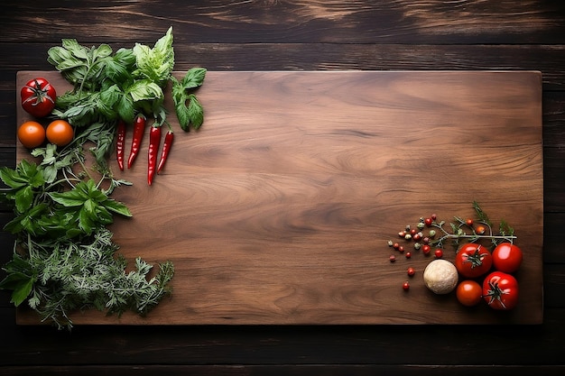 Bovenaanzicht van snijplank met groenten op houten tafel