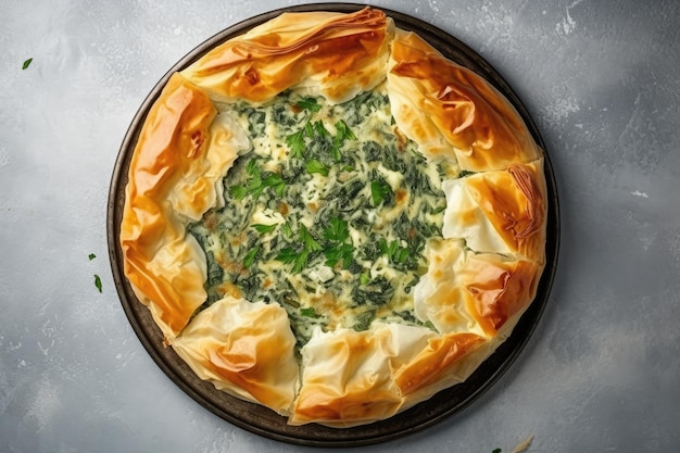 Bovenaanzicht van spanakopita taart op een lichte achtergrond met Griekse ingrediënten