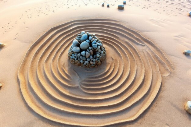 Bovenaanzicht van spiraalvormige rotsopstelling op zand gemaakt met generatieve ai
