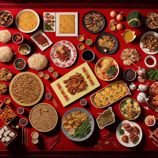 Bovenaanzicht van tafeldiner chinees Knolling fotografie van chinees diner nieuwjaar levendige Vietnamese traditionele maaltijd op het platteland Plat leggen
