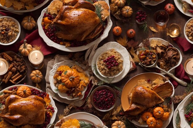 Foto bovenaanzicht van thanksgiving-feest met kalkoenpompoen en typische thanksgiving-gerechten