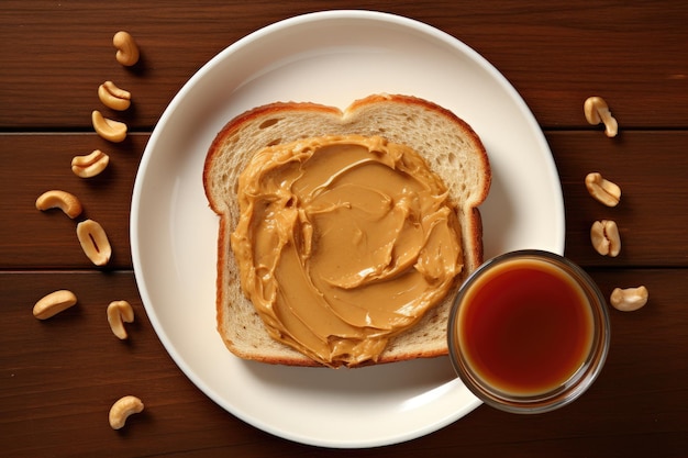 Bovenaanzicht van toastbrood met pindakaas op tafel