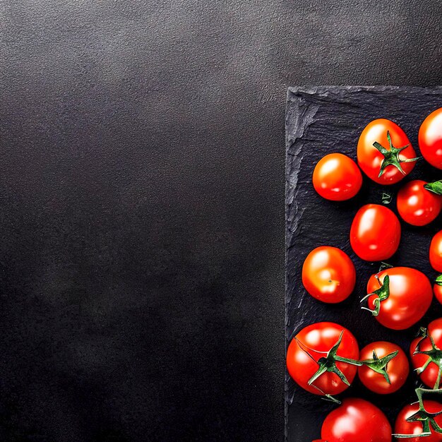Bovenaanzicht van tomaten aan de linker- en rechterkant op een zwarte stenen achtergrond met kopieerruimte