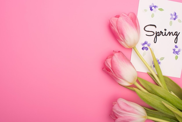 Bovenaanzicht van tulpen en kaart met lente letters op roze achtergrond