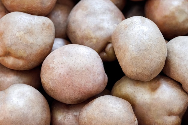 Bovenaanzicht van veel rauwe verse aardappelen Landelijk voedsel en landbouwconcept