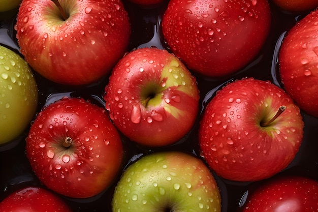 Bovenaanzicht van veel rode appels met waterdruppels