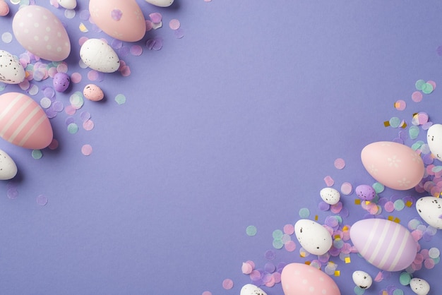 Bovenaanzicht van veel veelkleurige paaseieren van verschillende grootte en pastel confetti in roze violet goud en blauwe kleuren op de geïsoleerde violette achtergrond met lege ruimte in het midden