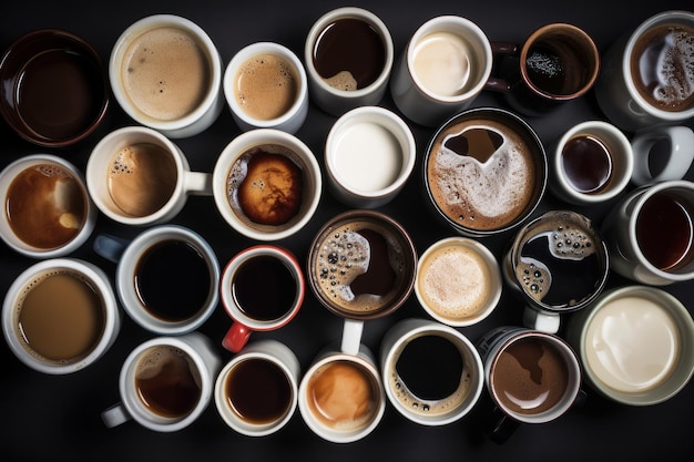 Bovenaanzicht van veel verschillende kopjes koffie Generatieve ai