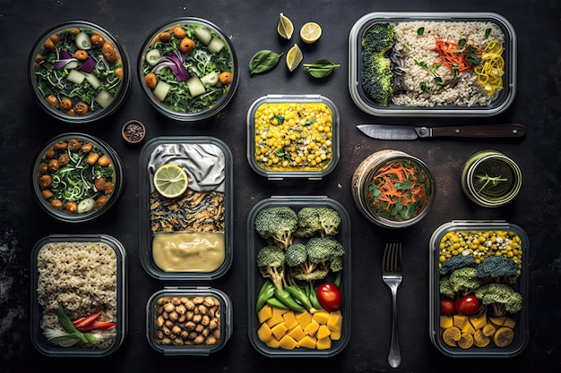 Bovenaanzicht van veganistische maaltijdbereiding Gezond eten plantaardig dieet voeding maaltijdplanning koken uitgebalanceerde maaltijden milieuduurzaamheid mindfulness Hoge resolutie Generatieve AI