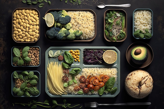 Bovenaanzicht van veganistische maaltijdbereiding Gezond eten plantaardig dieet voeding maaltijdplanning koken uitgebalanceerde maaltijden milieuduurzaamheid mindfulness Hoge resolutie Generatieve AI