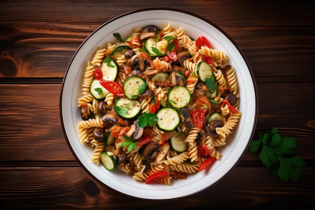 Bovenaanzicht van vegetarische pasta met courgettepaddestoelen en kappertjes in witte kom op houten tafel