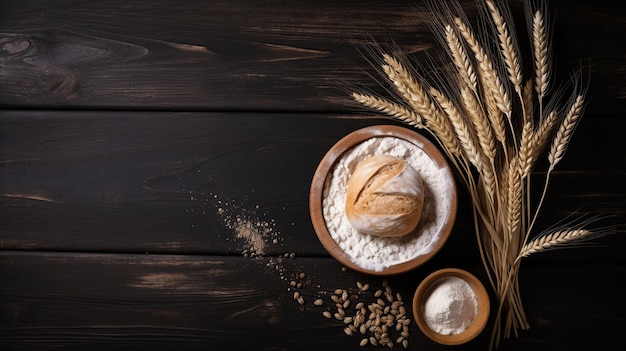 Bovenaanzicht van vers brood met meel en tarweoren op een donker bord generatieve ai